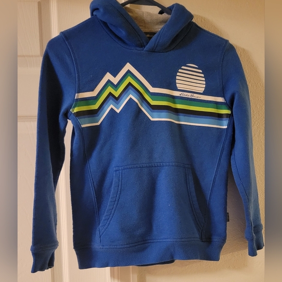 Eddie Bauer Boys Small 7/8 Blue Pullover Hoodie Sun Over Mountains - Picture 1 of 4